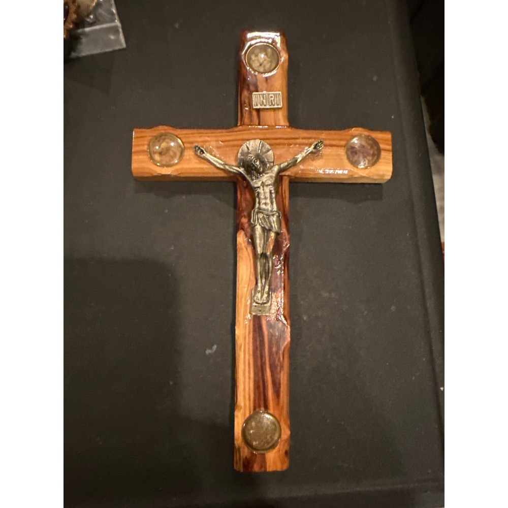 9.5" Authentic Jerusalem Olive Wood Wall Crucifix Cross with 4 Holy Relics VTG